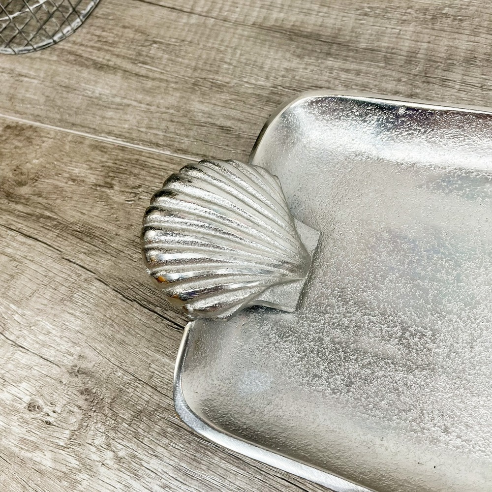 Vintage Shell Handled Silver Tray, Aluminum Serving Platter - Picture 11 of 12